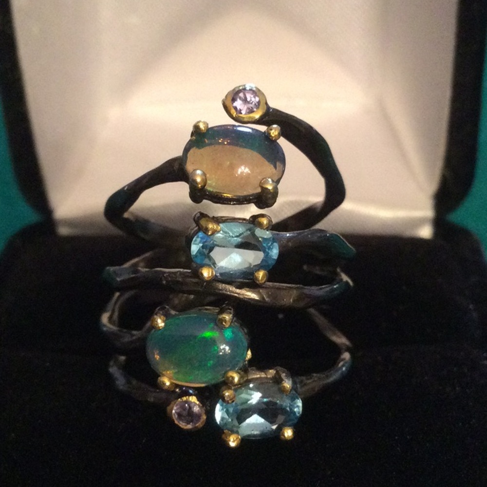 Genuine Opals & Blue Topaz Ring